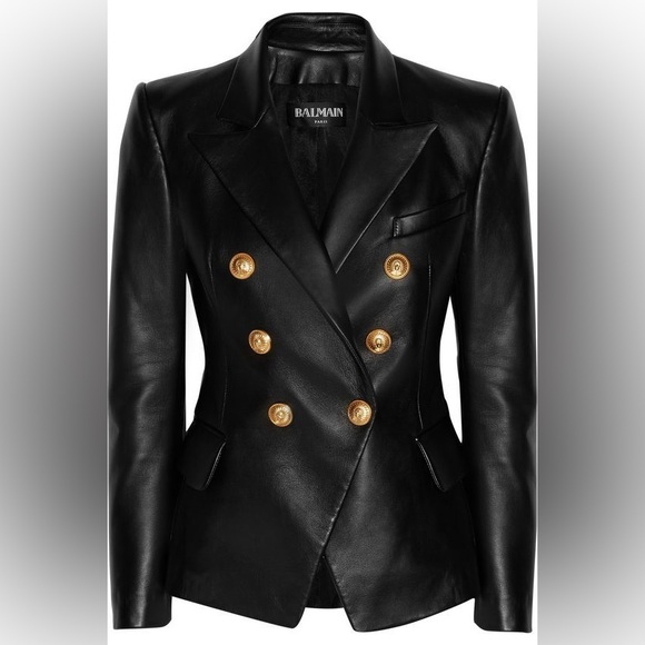 Balmain size 34 classic Black double breasted leather Blazer w/ Gold Buttons - Picture 1 of 16